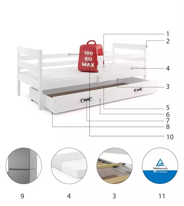 Componenti del Letto singolo per ragazzi ERYK 90X200 con cassetto, bianco Componenti del Letto singolo per ragazzi ERYK 90X200 con cassetto, bianco