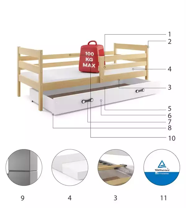 Componenti del Letto singolo per ragazzi ERYK 90x200 con cassetto, pino/bianco