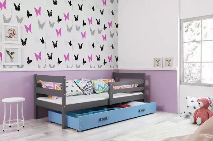 Visualizzazione per Letto singolo per ragazzi ERYK 90x200 con materasso e cassetto, grafite/blu