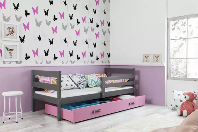 Visualizzazione per Letto singolo per ragazzi ERYK 90x200 con materasso e cassetto, grafite/rosa