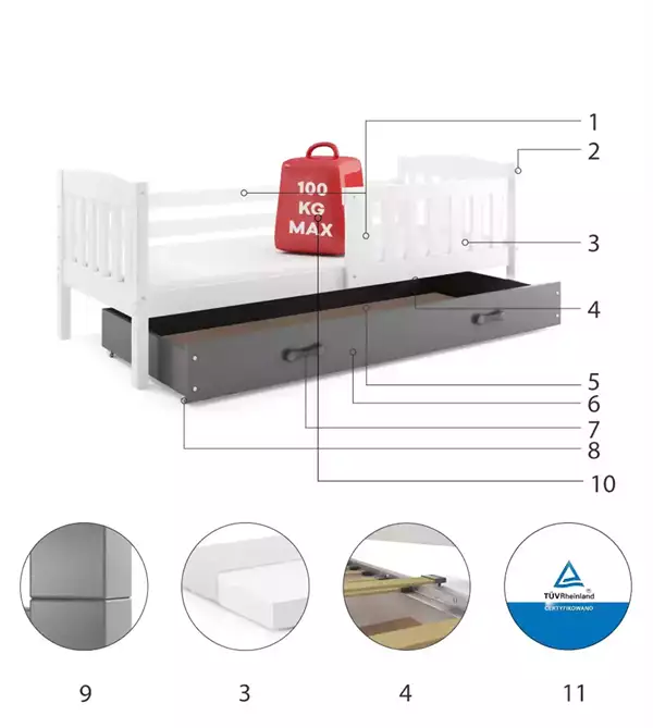 Componenti del Letto singolo per ragazzi KUBUŚ 80x190 con cassetto, bianco/grafite Componenti del Letto singolo per ragazzi KUBUŚ 80x190 con cassetto, bianco/grafite