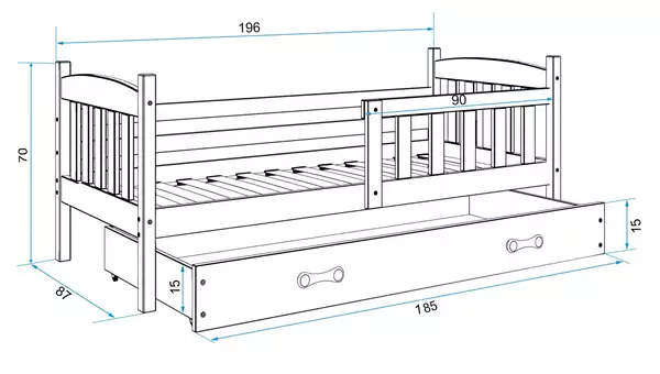 Misura del Letto singolo per ragazzi KUBUŚ 80x190 con cassetto, bianco Misura del Letto singolo per ragazzi KUBUŚ 80x190 con cassetto, bianco