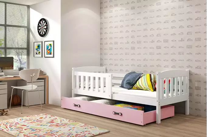 Visualizzazione per Letto singolo per ragazzi KUBUŚ 80X190 con cassetto, bianco/rosa