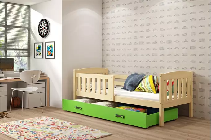 Visualizzazione per Letto singolo per ragazzi KUBUŚ 80x190 con cassetto, pino/verde