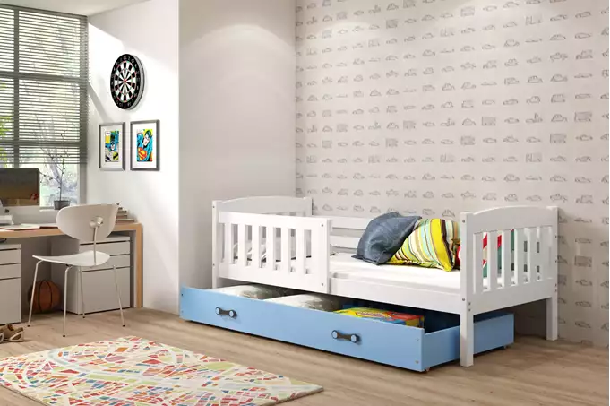 Visualizzazione per Letto singolo per ragazzi KUBUŚ 80X190 con materasso e cassetto, bianco/blu