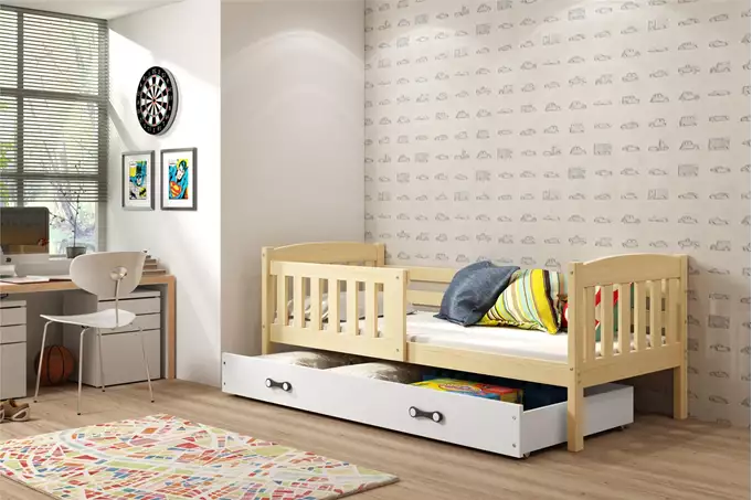 Visualizzazione per Letto singolo per ragazzi KUBUŚ 80x190 con materasso e cassetto, pino/bianco
