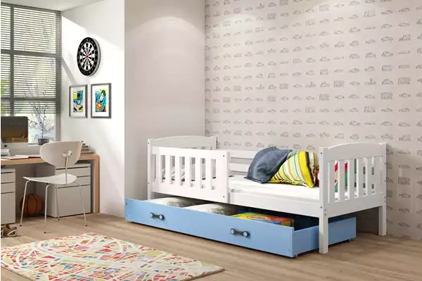 Visualizzazione per Letto singolo per ragazzi KUBUŚ 90X190 con cassetto, bianco/blu Visualizzazione per Letto singolo per ragazzi KUBUŚ 90X190 con cassetto, bianco/blu