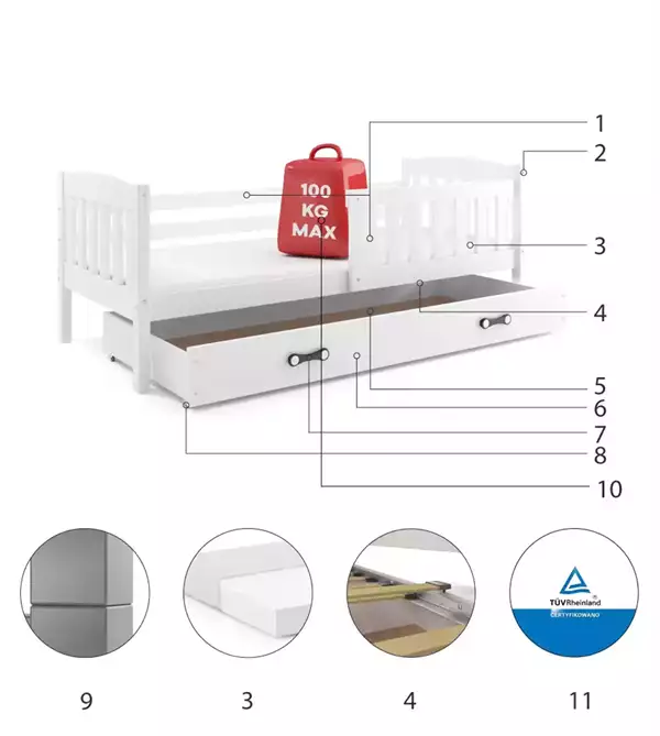 Componenti del Letto singolo per ragazzi KUBUŚ 90X190 con cassetto, bianco Componenti del Letto singolo per ragazzi KUBUŚ 90X190 con cassetto, bianco