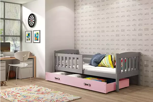 Visualizzazione per Letto singolo per ragazzi KUBUŚ 90X190 con cassetto, grafite/rosa Visualizzazione per Letto singolo per ragazzi KUBUŚ 90X190 con cassetto, grafite/rosa