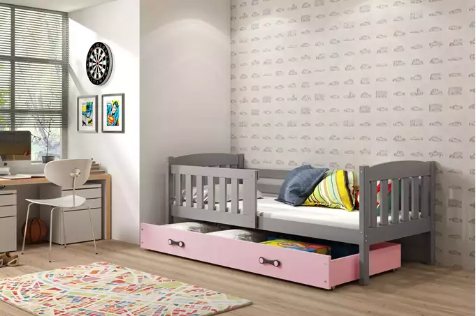 Visualizzazione per Letto singolo per ragazzi KUBUŚ 90x190 con materasso e cassetto, grafite/rosa