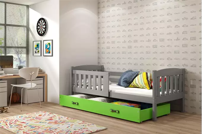 Visualizzazione per Letto singolo per ragazzi KUBUŚ 90X190 con materasso e cassetto, grafite/verde