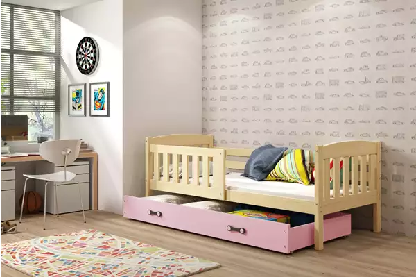 Visualizzazione per Letto singolo per ragazzi KUBUŚ 90x190 con materasso e cassetto, pino/rosa Visualizzazione per Letto singolo per ragazzi KUBUŚ 90x190 con materasso e cassetto, pino/rosa