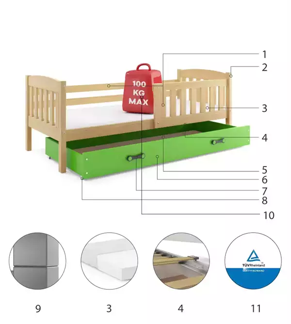 Componenti del Letto singolo per ragazzi KUBUŚ 90X190 con materasso e cassetto, pino/verde
