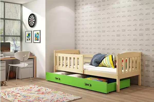 Visualizzazione per Letto singolo per ragazzi KUBUŚ 90X190 con materasso e cassetto, pino/verde