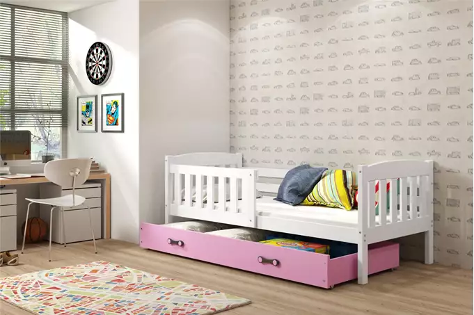 Visualizzazione per Letto singolo per ragazzi KUBUŚ 90x200 con cassetto, bianco/rosa