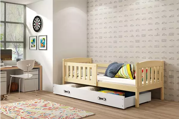 Visualizzazione per Letto singolo per ragazzi KUBUŚ 90x200 con cassetto, pino/bianco