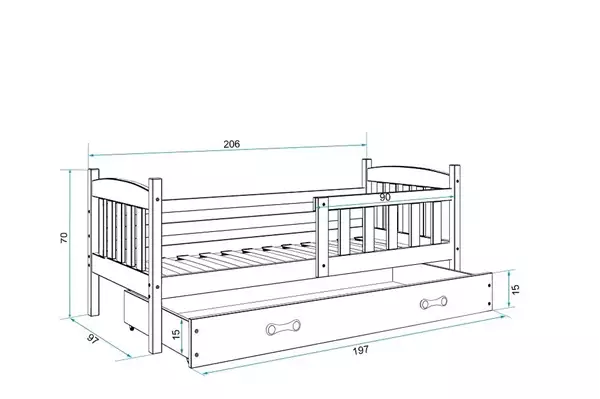 Misura del Letto singolo per ragazzi KUBUŚ 90X200 con cassetto, pino/rosa Misura del Letto singolo per ragazzi KUBUŚ 90X200 con cassetto, pino/rosa