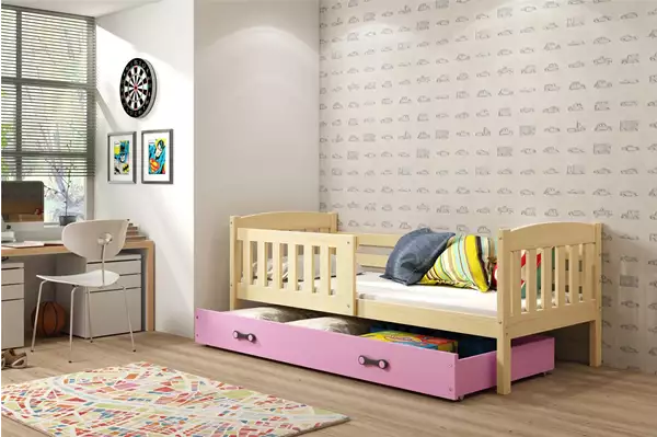 Visualizzazione per Letto singolo per ragazzi KUBUŚ 90X200 con cassetto, pino/rosa Visualizzazione per Letto singolo per ragazzi KUBUŚ 90X200 con cassetto, pino/rosa