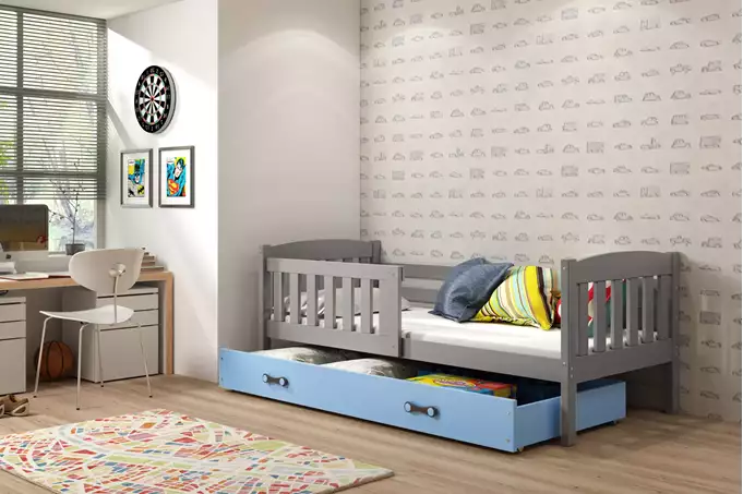 Visualizzazione per Letto singolo per ragazzi KUBUŚ 90x200 con materasso e cassetto, grafite/blu