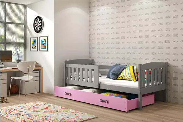 Visualizzazione per Letto singolo per ragazzi KUBUŚ 90x200 con materasso e cassetto, grafite/rosa Visualizzazione per Letto singolo per ragazzi KUBUŚ 90x200 con materasso e cassetto, grafite/rosa