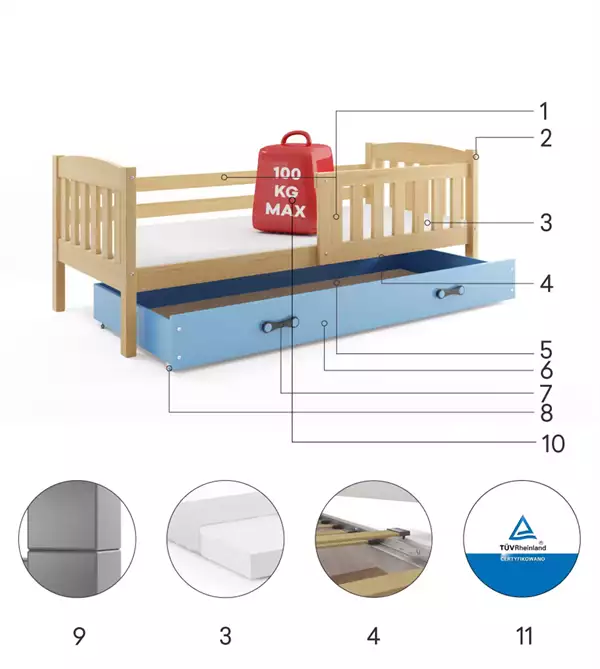 Componenti del Letto singolo per ragazzi KUBUŚ 90x200 con materasso e cassetto, pino/blu