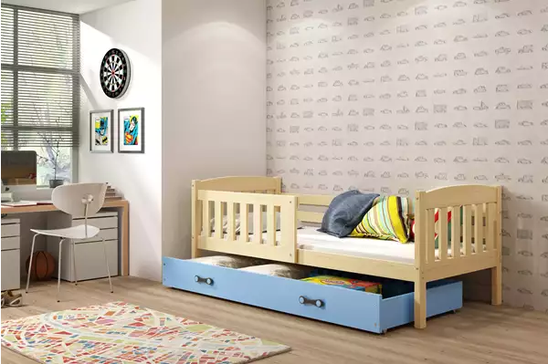 Visualizzazione per Letto singolo per ragazzi KUBUŚ 90x200 con materasso e cassetto, pino/blu