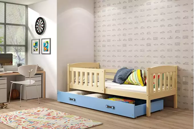Visualizzazione per Letto singolo per ragazzi KUBUŚ 90x200 con materasso e cassetto, pino/blu