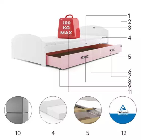 Componenti del Letto singolo per ragazzi LILI 90x200 con cassetto, bianco/rosa Componenti del Letto singolo per ragazzi LILI 90x200 con cassetto, bianco/rosa