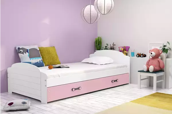 Visualizzazione per Letto singolo per ragazzi LILI 90x200 con cassetto, bianco/rosa Visualizzazione per Letto singolo per ragazzi LILI 90x200 con cassetto, bianco/rosa