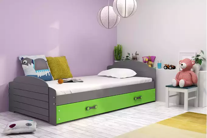 Visualizzazione per Letto singolo per ragazzi LILI 90x200 con cassetto, grafite/verde