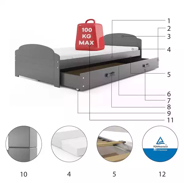 Componenti del Letto singolo per ragazzi LILI 90x200 con cassetto, grigio grafite Componenti del Letto singolo per ragazzi LILI 90x200 con cassetto, grigio grafite