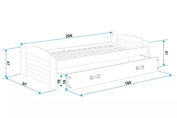 Misura del Letto singolo per ragazzi LILI 90x200 con cassetto, grigio grafite Misura del Letto singolo per ragazzi LILI 90x200 con cassetto, grigio grafite