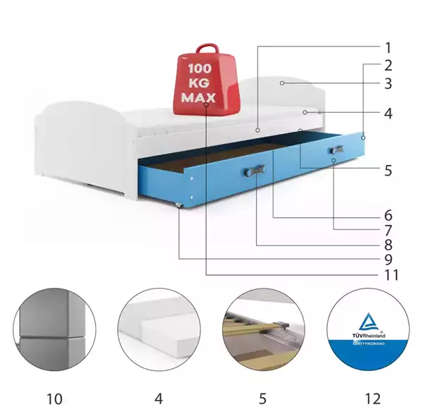 Componenti del Letto singolo per ragazzi LILI 90x200 con materasso e cassetto, bianco/blu Componenti del Letto singolo per ragazzi LILI 90x200 con materasso e cassetto, bianco/blu