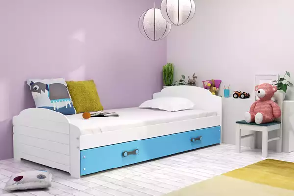 Visualizzazione per Letto singolo per ragazzi LILI 90x200 con materasso e cassetto, bianco/blu Visualizzazione per Letto singolo per ragazzi LILI 90x200 con materasso e cassetto, bianco/blu