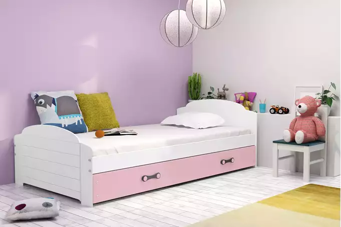 Visualizzazione per Letto singolo per ragazzi LILI 90x200 con materasso e cassetto, bianco/rosa