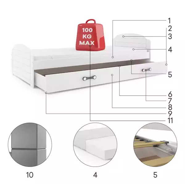 Componenti del Letto singolo per ragazzi LILI 90x200 con materasso e cassetto, grafite/bianco Componenti del Letto singolo per ragazzi LILI 90x200 con materasso e cassetto, grafite/bianco