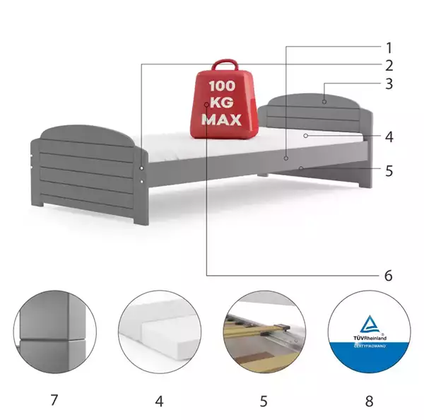 Componenti del Letto singolo per ragazzi LILI 90x200 con materasso, grigio grafite Componenti del Letto singolo per ragazzi LILI 90x200 con materasso, grigio grafite