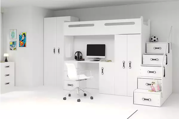 Visualizzazione per Letto singolo per ragazzi MAX 4 80x200 con materasso e scrivania, bianco Visualizzazione per Letto singolo per ragazzi MAX 4 80x200 con materasso e scrivania, bianco