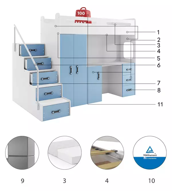 Componenti del Letto singolo per ragazzi MAX 4 80x200 con materasso e scrivania, blu Componenti del Letto singolo per ragazzi MAX 4 80x200 con materasso e scrivania, blu