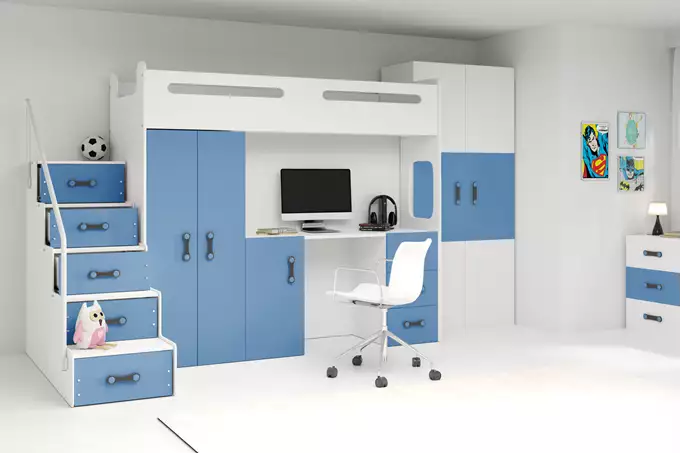 Visualizzazione per Letto singolo per ragazzi MAX 4 80x200 con materasso e scrivania, blu