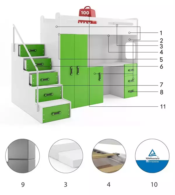 Componenti del Letto singolo per ragazzi MAX 4 80X200 con materasso e scrivania, verde Componenti del Letto singolo per ragazzi MAX 4 80X200 con materasso e scrivania, verde