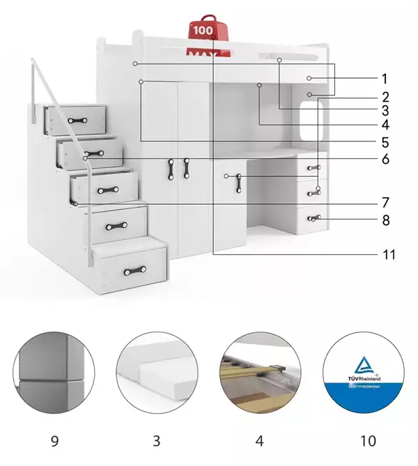 Componenti del Letto singolo per ragazzi MAX 4 80x200 con scrivania, bianco Componenti del Letto singolo per ragazzi MAX 4 80x200 con scrivania, bianco