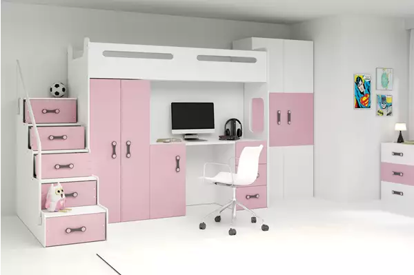 Visualizzazione per Letto singolo per ragazzi MAX 4 80x200 con scrivania, rosa Visualizzazione per Letto singolo per ragazzi MAX 4 80x200 con scrivania, rosa