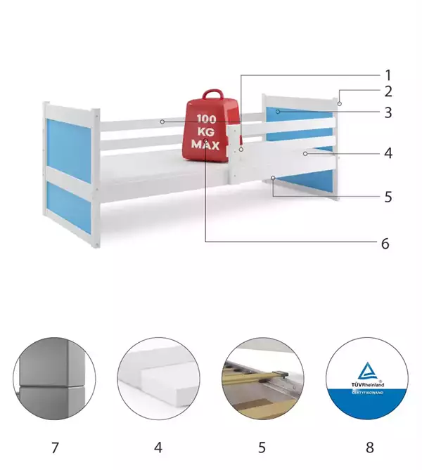 Componenti del Letto singolo per ragazzi RICO 80x190, bianco/blu Componenti del Letto singolo per ragazzi RICO 80x190, bianco/blu