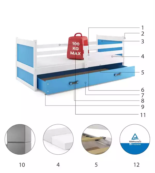 Componenti del Letto singolo per ragazzi RICO 80x190 con cassetto, bianco/blu Componenti del Letto singolo per ragazzi RICO 80x190 con cassetto, bianco/blu