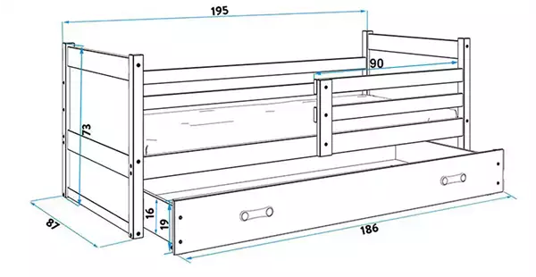 Misura del Letto singolo per ragazzi RICO 80x190 con cassetto, bianco/blu Misura del Letto singolo per ragazzi RICO 80x190 con cassetto, bianco/blu