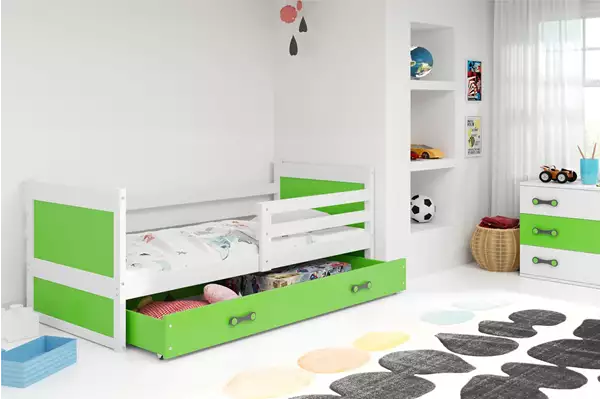 Visualizzazione per Letto singolo per ragazzi RICO 80X190 con materasso e cassetto, bianco/verde Visualizzazione per Letto singolo per ragazzi RICO 80X190 con materasso e cassetto, bianco/verde