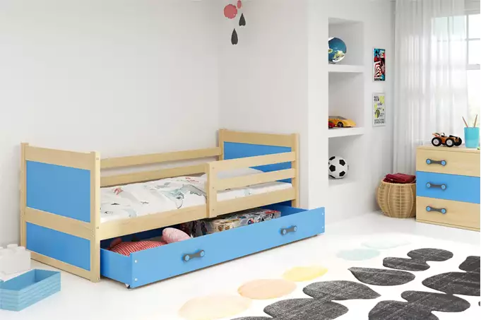 Visualizzazione per Letto singolo per ragazzi RICO 80X190 con materasso e cassetto, pino/blu