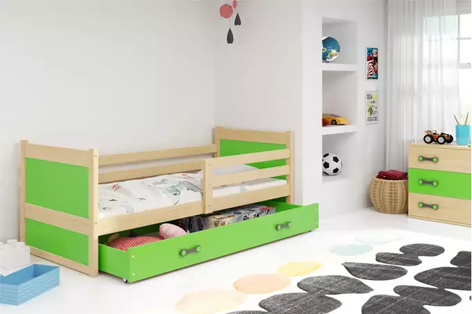 Visualizzazione per Letto singolo per ragazzi RICO 80x190 con materasso e cassetto, pino/verde