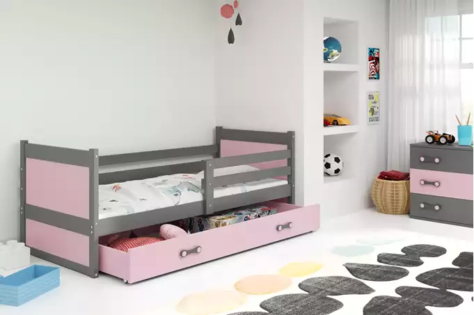 Visualizzazione per Letto singolo per ragazzi RICO 90x190 con cassetto, grafite/rosa